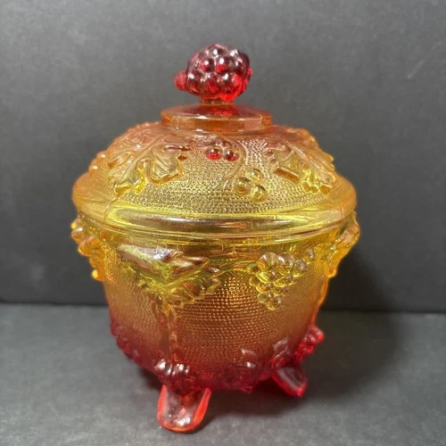 Vintage Jeannette Amberina Footed Lidded Candy Dish Cadmium UV Reactive