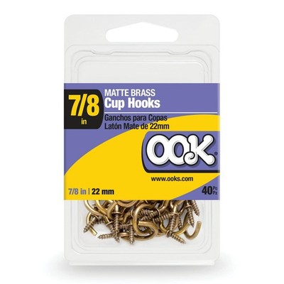 Ook Cup Hooks, 7/8'', 0.5 lbs, Screw Hooks, Steel, Matte Brass, 40 in pack