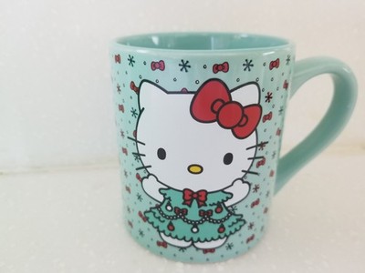 Hello Kitty Ceramic Mug with Christmas Tree Dress Bows & Snowflakes 14 Oz New