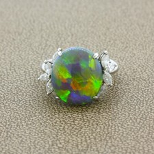 Women's 7.78 Carat Australian Black Crystal Opal Diamond Platinum Ring Size 5.5