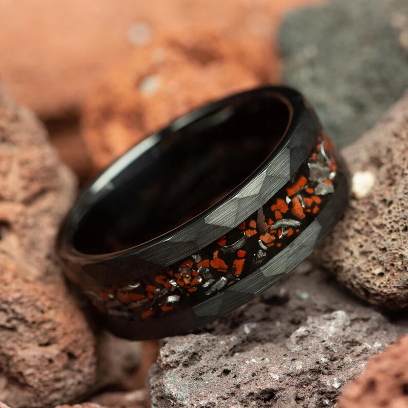 Red Dinosaur Bone Meteorite Hammered Black Tungsten Mens Wedding Ring 8mm