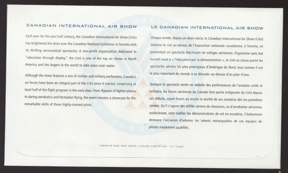 Sc 1807 souvenir sheet FDC - Canada - 1999 - International Air Show-  superfleas - Image 2 of 2