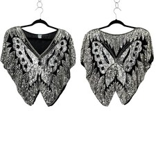 Vintage Blouse Silk M Silver Sequin Butterfly Flutter Sleeve Fairycore Glam