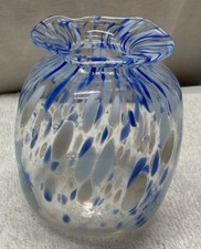 Vintage Blown Glass Vase Clear & Blue Artist Signed 4&rdquo; X 3&rdquo;