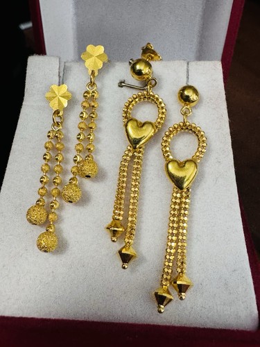 22K 916 Solid FineGold Women’s 2 Set Heart & Dangle Ball Beads Earrings 8.6g - Picture 11 of 21