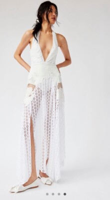 Free People Celeste Lace Mesh Floral Appliqu Embroidered Maxi Dress 10 |  eBay