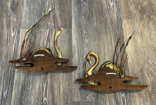 2er Set Vintage Schwan Gold Messing Metall Dose Holz Wandbehang Kunst Plakette 70er MCM - Bild 3 von 9