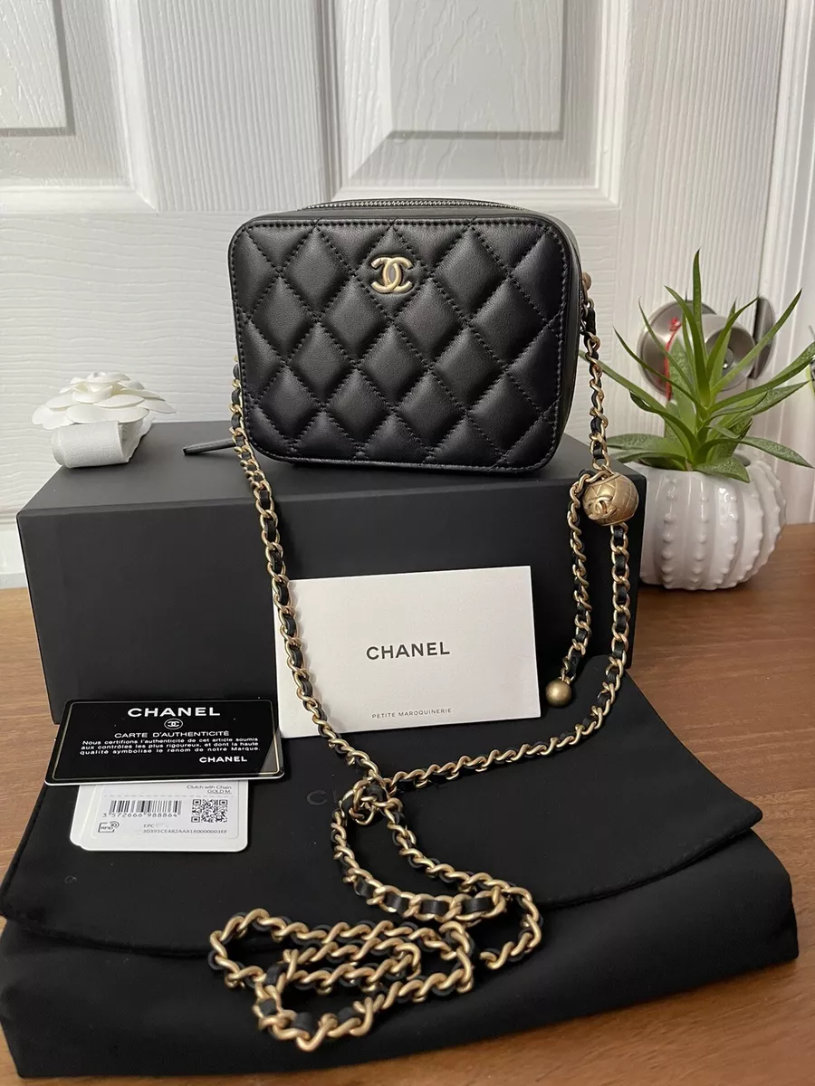 Chanel Black Quilted Lambskin Pearl Logo Strap Small Flap Bag