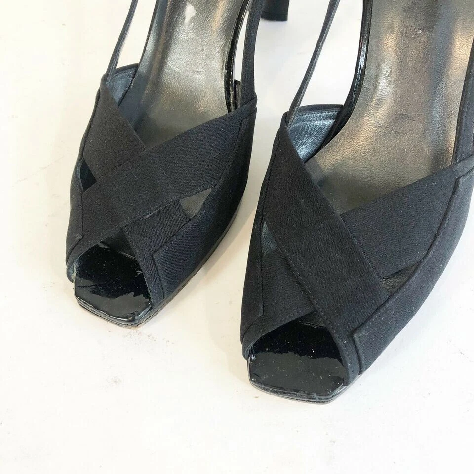 Stuart Weitzman Slingback Leather Pump Heels Womens 8.5 AA Black Peep Toe Buckle - Image 2 of 4