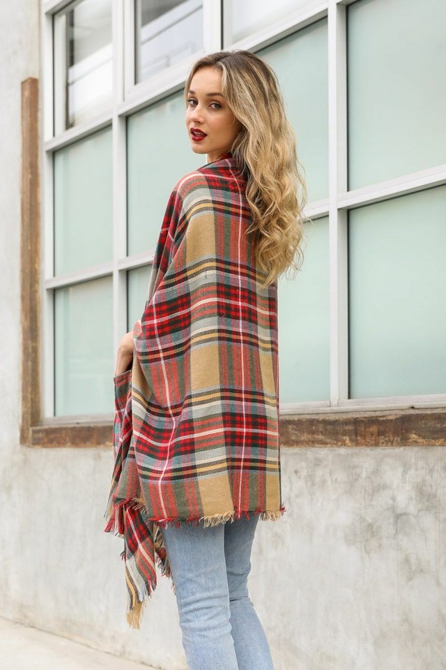 Women Classic Plaid Pocket Ruana Open Front Multicolor Cardigan Poncho ...