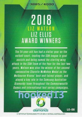 Liz Watson Liz Ellis Award Winners 2019 Super Netball Card #LE-06 d#3885/4000 - Bild 2 von 2