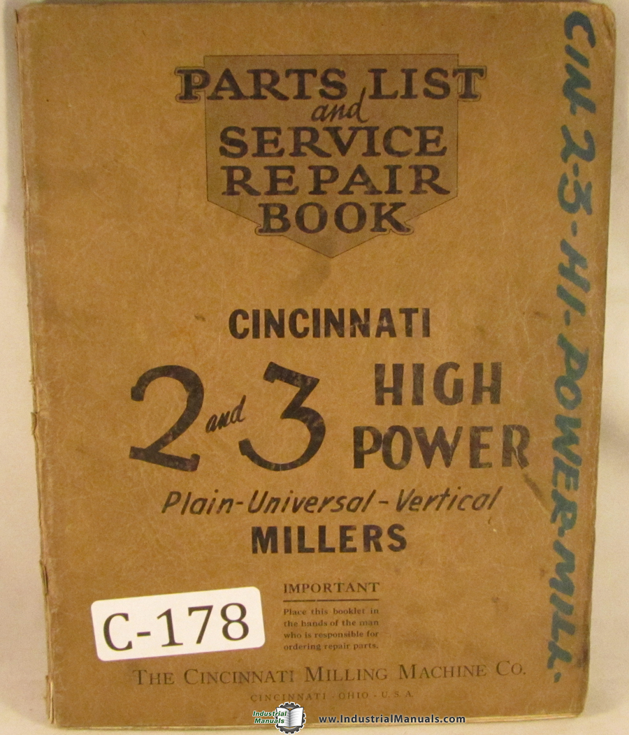 Cincinnati 2 and 3 High Power Millers Parts Lists Manual