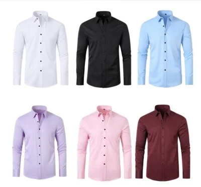 Men's Dress Shirts Formal Business Long Sleeves Slim Fit Elastic Casual Shirts - Image 1 of 4
