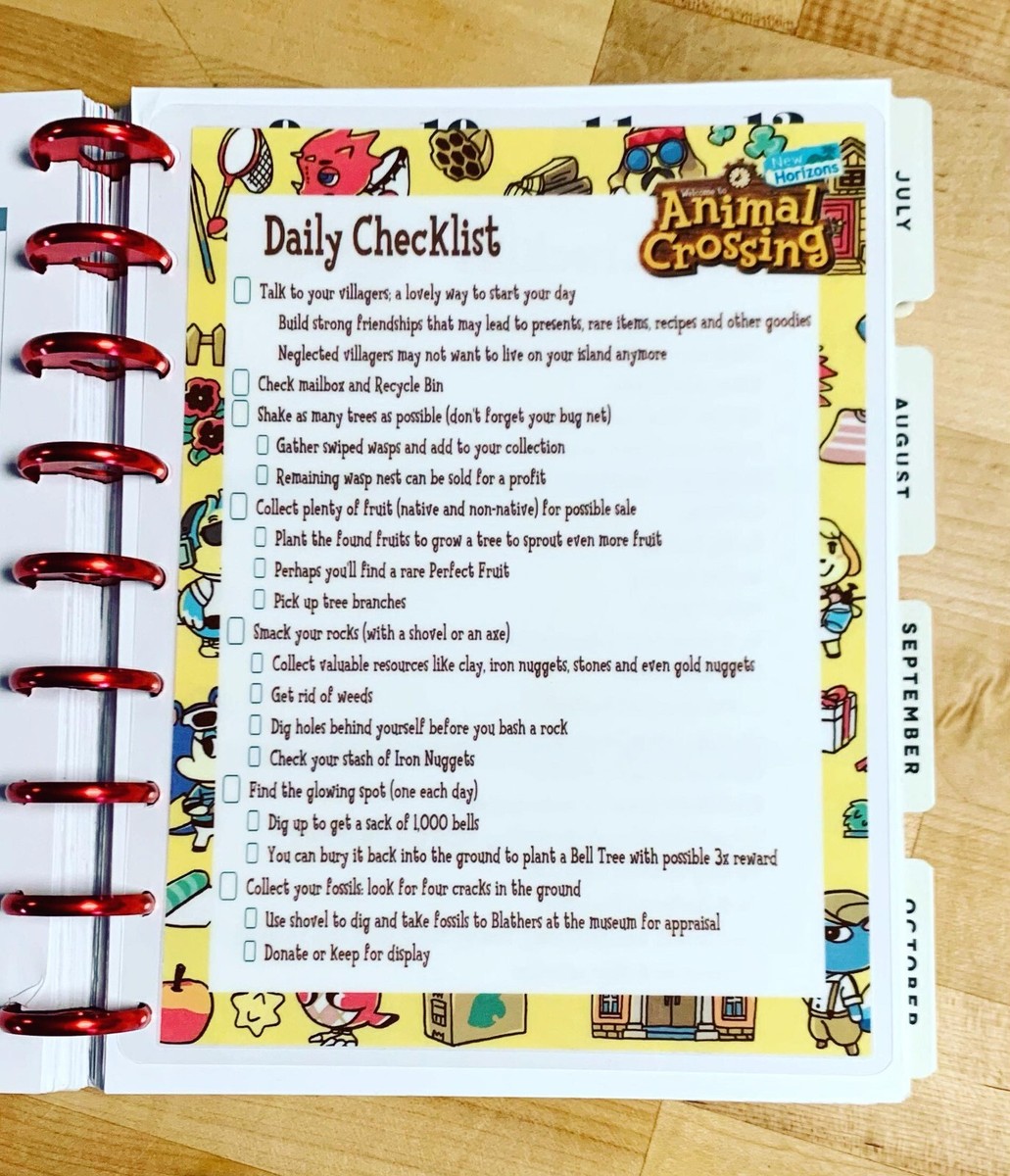 Animal Crossing Daily Checklist Two Sided Dashboard for use with