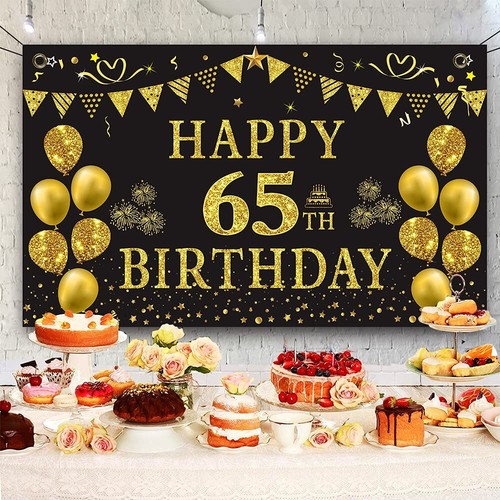 65th Birthday Backdrop Gold and Black 5.9 X 3.6 Fts Happy Birthday Party Deco... - Picture 3 of 8