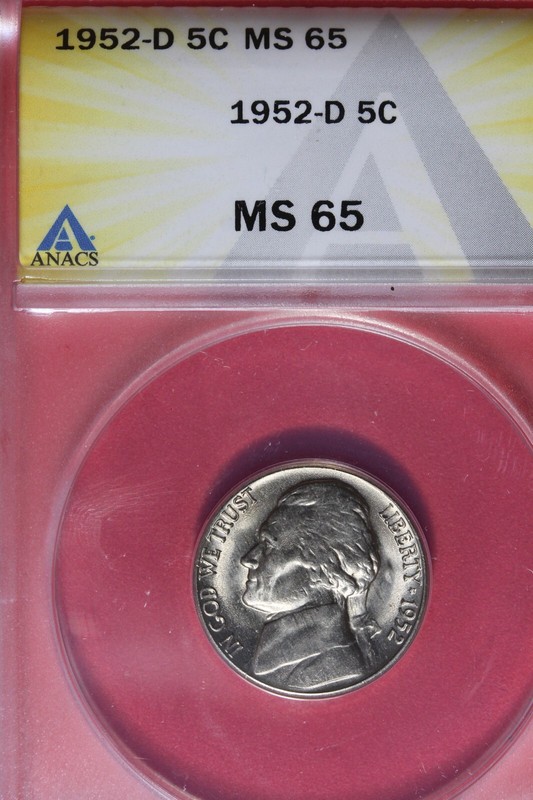 1952 D- ANACS 5C MS65 JEFFERSON NICKEL #B48461