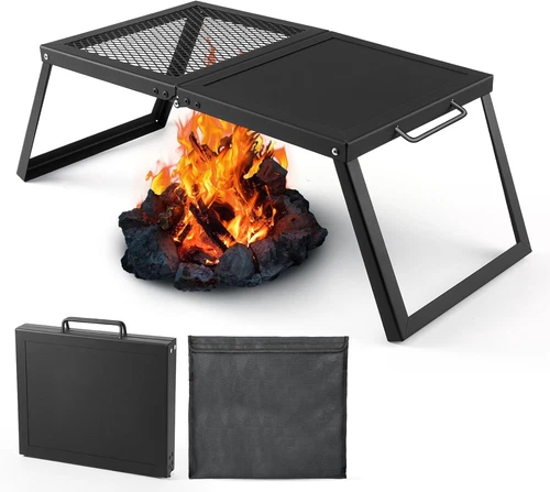 Folding Campfire Grill, Heavy Duty Steel Mesh Grate with Folding Legs and Storag