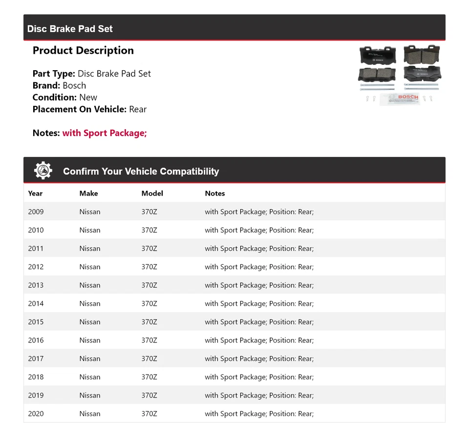 For 2009-2020 Nissan 370Z Bosch QuietCast Ceramic Brake Pads Rear 2010 2011 2012 - Image 2 of 4