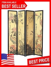 MyGift 4 Panel Folding Room Divider Bamboo Screen Calligraphy Black Frame