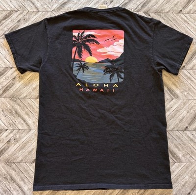 VTG Hawaii T-Shirt Mens Medium Black Aloha Sunset Beach Delta Sand Ocean Y2K Sur