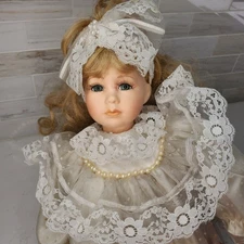 Porcelain Doll Vintage Blonde Curly Hair Blue Eyes in White Lace Dress Pearls