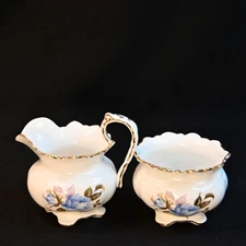 Aynsley Creamer & Open Sugar Demitasse Mini Blue Roses Gold Leaves 4 Footed 1951