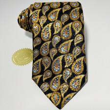 IKE BEHAR Black Silk Tie w Gold Blue Paisley 59x3.675  