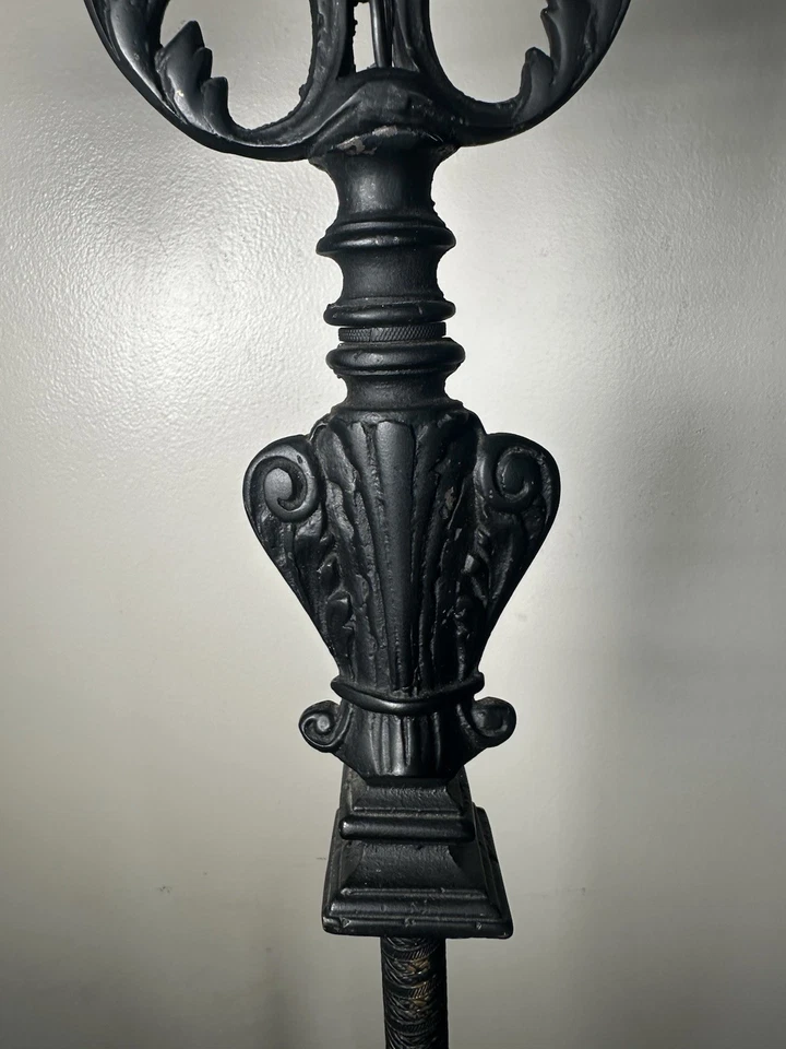 Antique Bridge Floor Lamp Iron Brass Marble Lion Crest Twist 56” Black - Image 4 of 4