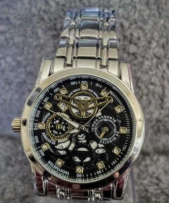 Skeleton Dial Analog Wristwatch ~ SWISS ~ Silver Metal Band Black Gold Dial