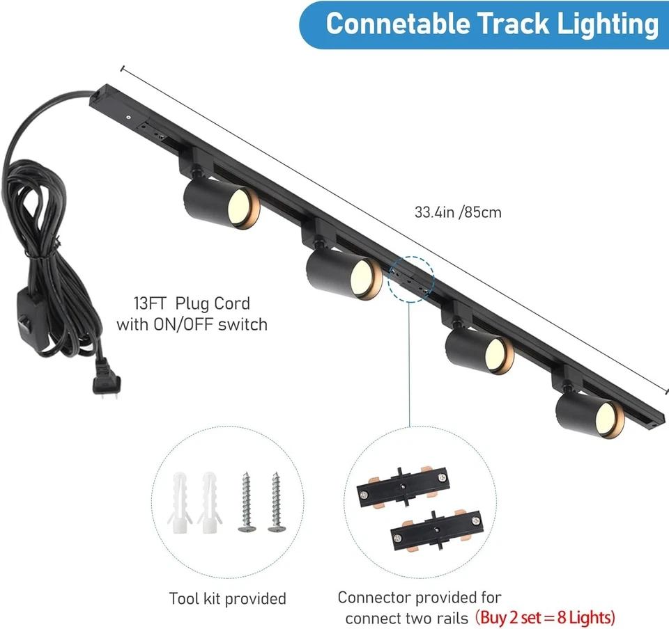 Iluminación de pista enchufable con cable de alimentación, kit de iluminación de pista GU10 de 4 luces con Tra Foto 2 de 4