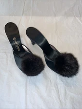 Vintage Daniel Green Boudoir Heeled Slippers Slack Satin Fur Pom Poms 7.5 Kitten