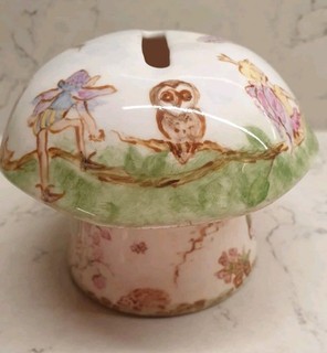 Pretty ceramic toadstool money box fairy and elf decoration signed Jean Fairi