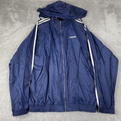 Vintage Adidas Windbreaker Jacket Mens XL Blue White Striped Hooded Y2K 2000s