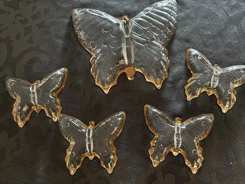 Vintage Jeannette Glass Clear w/Gold Trim Butterfly Trinket Candy,nuts Dish Lot - Picture 3 of 5