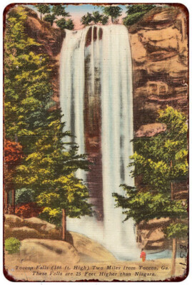  Georgia Postcard Toccoa Falls 186 ft. high two miles Metal sign 8 x 12 