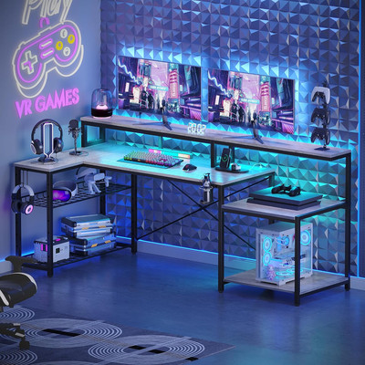 71.5 inch Computer Desk with Power Outlets, LED Home Office Desk with Long Monit