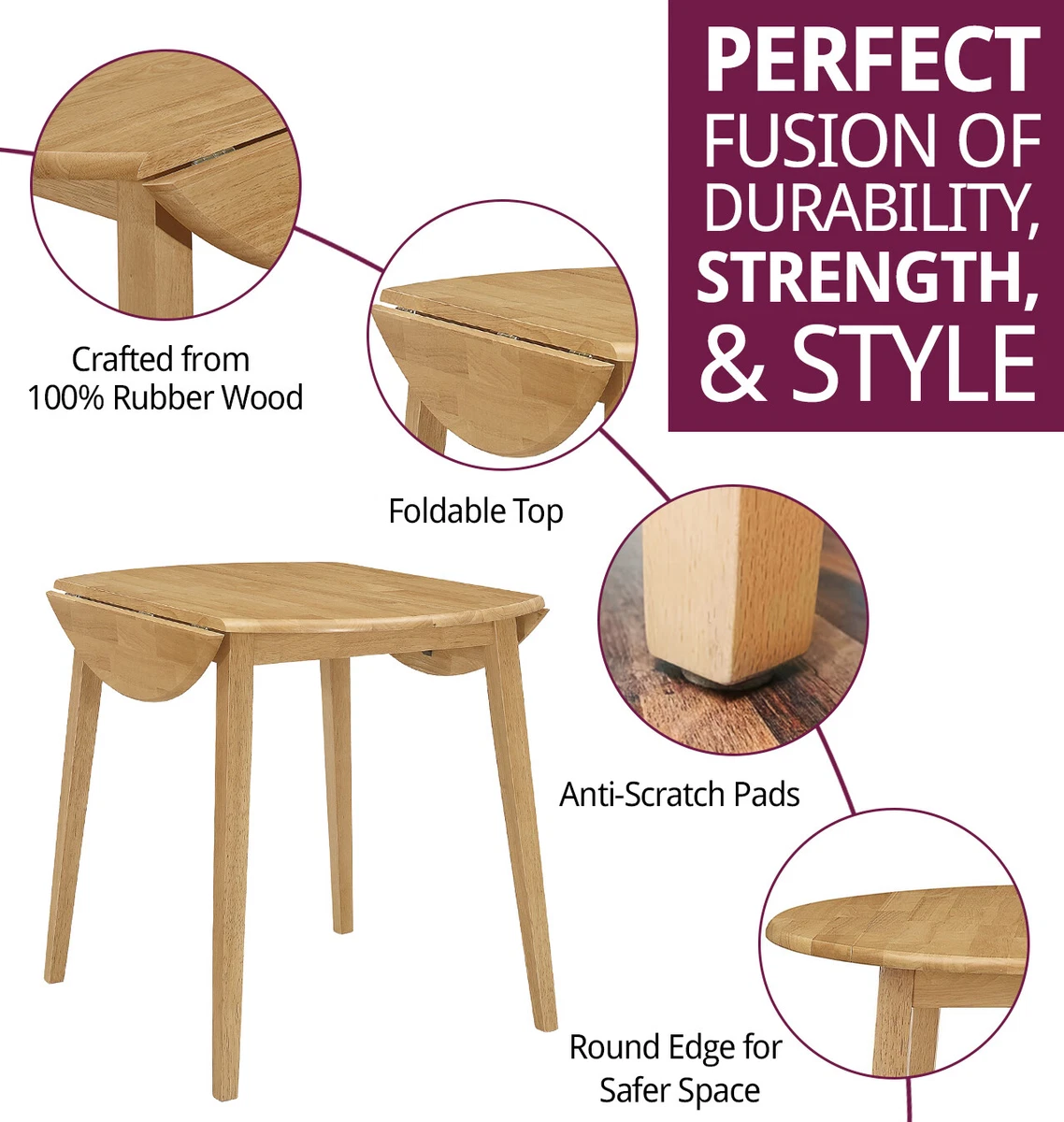 Small Wooden Kitchen Drop Leaf Round Dining Table in Oak Finish 100 Solid Wood