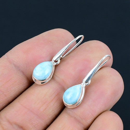 Larimar Gemstones 925 Sterling Silver Small Tiny Drop Dangle Earring For Women - Picture 3 of 5