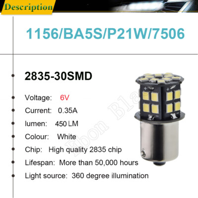 6V 1156 BA15S LED Bulb - 30 SMD White, Perfect For Brake/Tail/Turn/Reverse Lights
