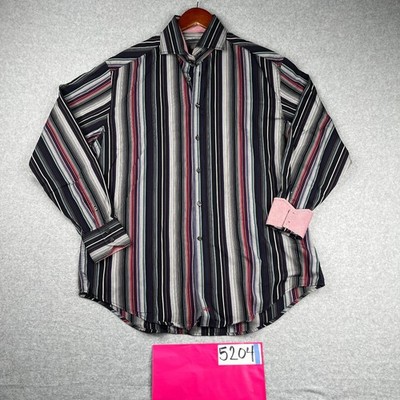 Johnston & Murphy Shirt Large Black Pink Striped Button Up Long Sleeve Mens