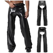 Men Western Cowboy Chaps Faux Leather Fringed Open Buttocks Tassels Pants Club