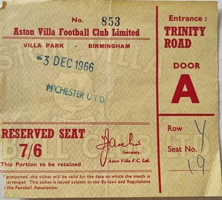 Aston Villa V Manchester Utd 3rd December 1966 Div1 Match Ticket Excellent Cond