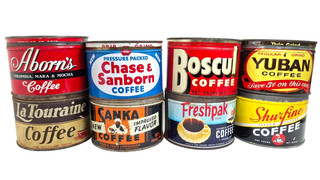 8 Vintage Assorted One Pound Coffee Tins: Yuban Boscul Sanka Aborn's Etc.