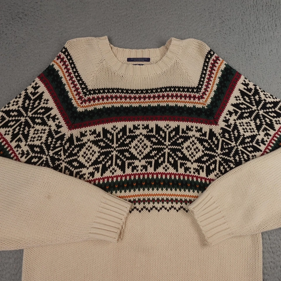 Tommy Hilfiger Sweater Mens XL Cream Fair Isle Snowflake Cable Knit Crewneck 90s - Image 4 of 4
