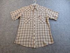 Vintage Wrangler Western Shirt Men L Tan Brown Plaid Short Sleeve Pearl Snap