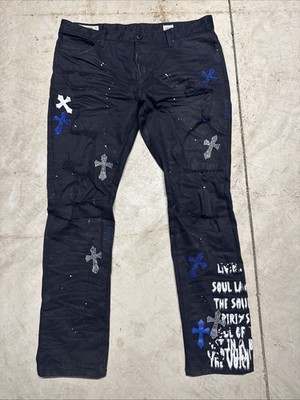 Smoke Rise Black Cross Gothic Distressed Jeans Men's 40x34