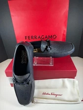 Mens Ferragamo Driving Loafers Size 8 Navy Pebble Calf!  