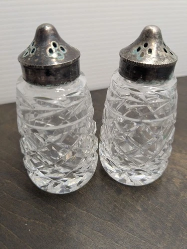 Waterford Crystal Glandore Salt & Pepper Shakers Vtg. Cut Glass Silver-Plated
