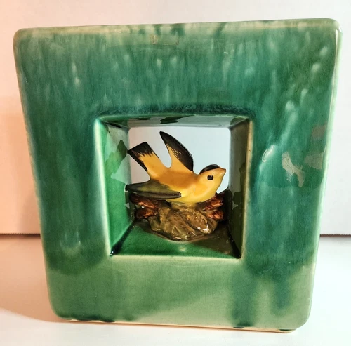 Vintage Original McCoy USA Green Arcature Vase/Planter with Yellow Bird