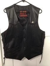 Mens Vntg Hot Leathers Biker Lined Leather Vest Harley Davidson Pin, Large 0349